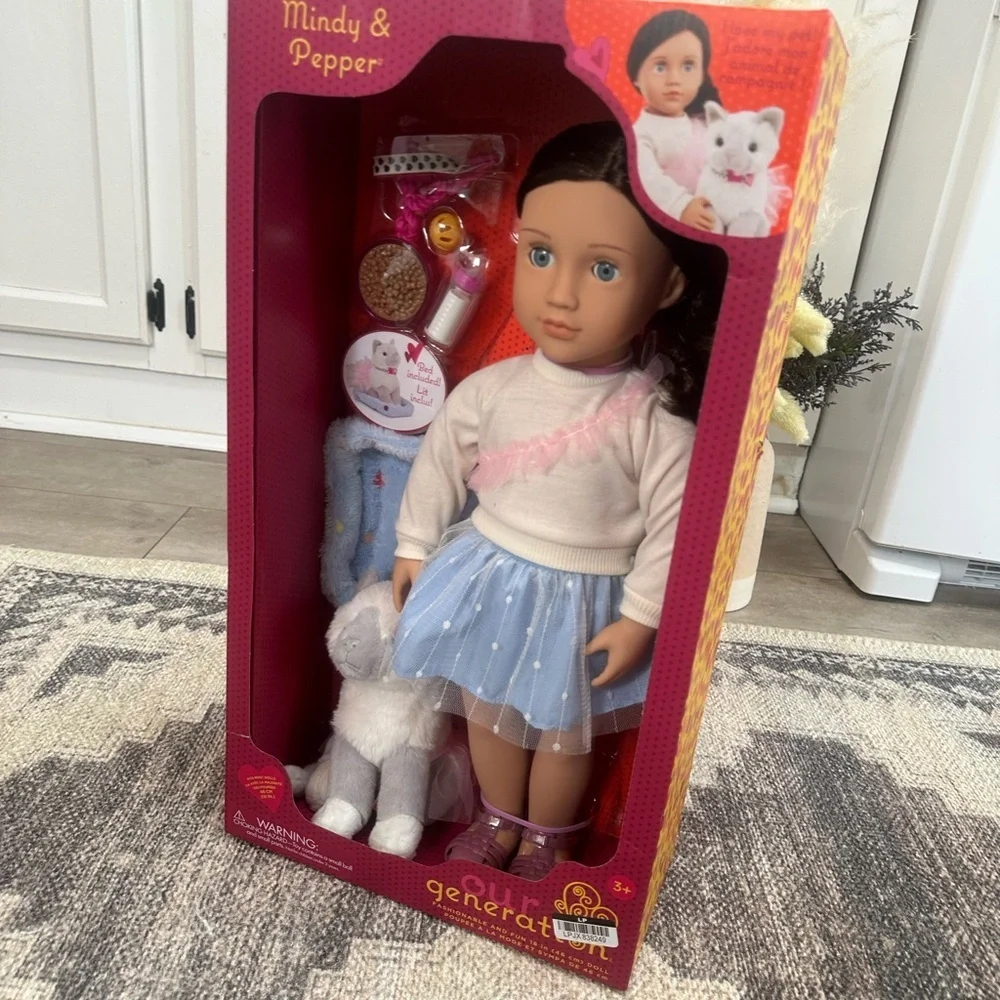 New Our Generation Doll & Pet Set Mindy & Pepper 18” doll and plush kitten set